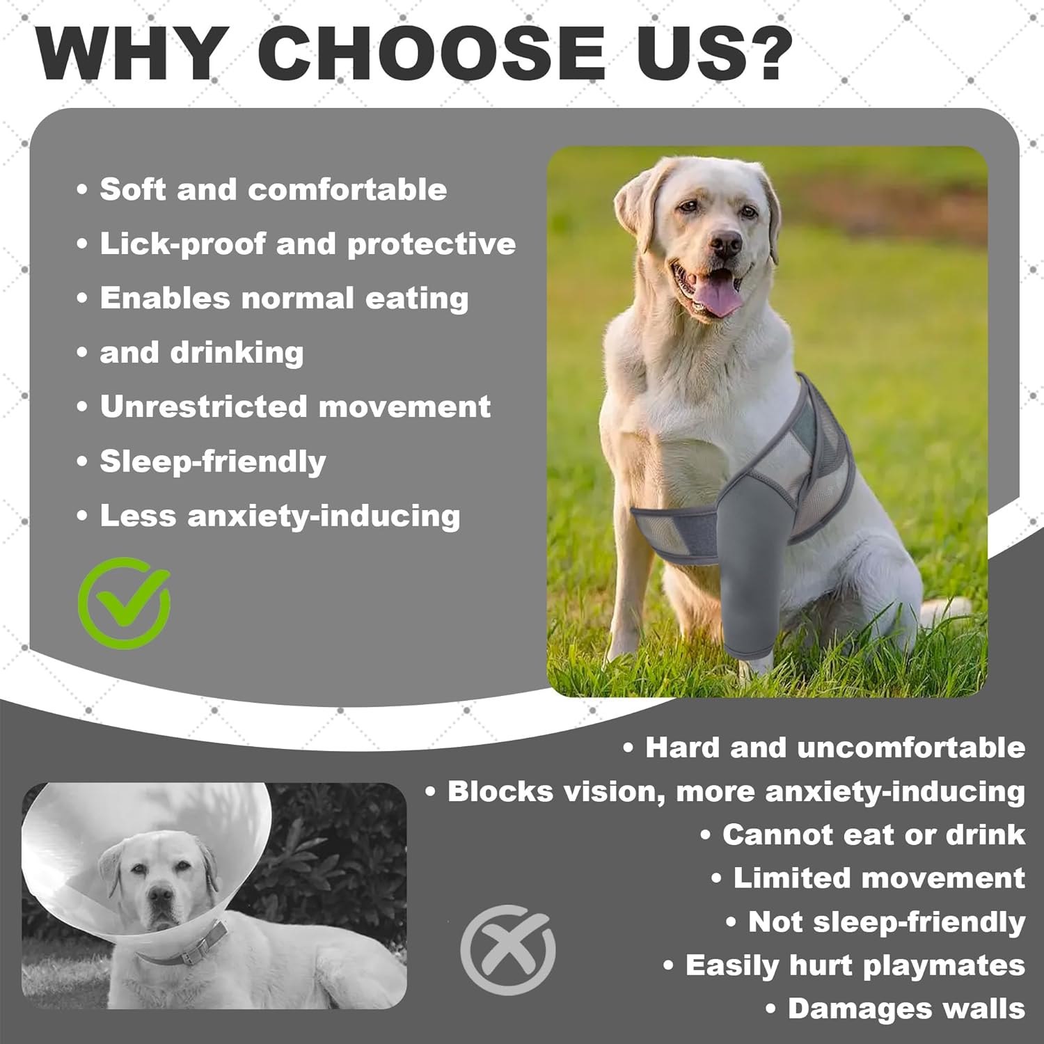 Condition photo showing New/Like New for dog knee brace, breathable dog leg sleeve to stop licking, adjustable elbow pads for dogs front back leg, dog elbow protector for post-surgery recovery elbow injuries, large, grey grey large