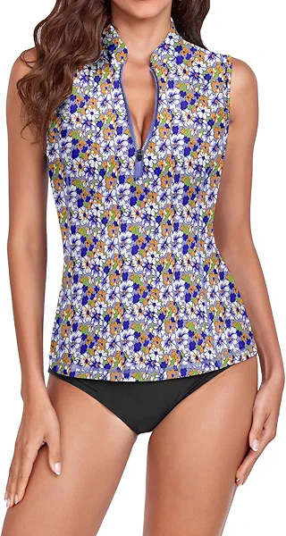 Women Rash Guard Tank Top Swim Shirts UV Sun Protection Surfing Swimsuits Top Zipper Bathing Suit Built in Bra No Bottoms