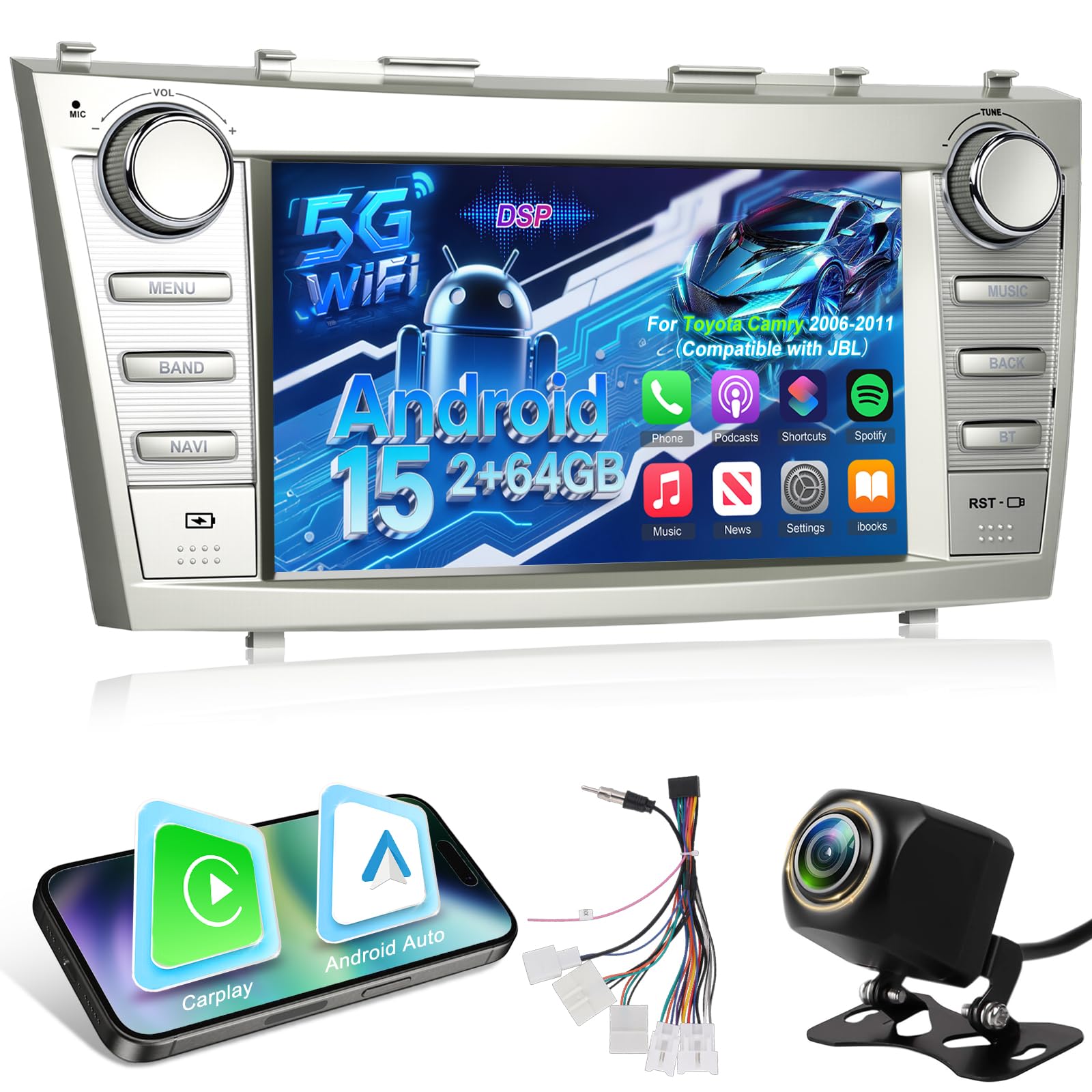 Photo 1 of Android 15 Car Stereo for Toyota Camry 2006 2007 2008 2009 2010 2011 with Carplay/Android Auto (Support JBL) - 8 Inch IPS Touchscreen Radio with DSP/WiFi/GPS/Split Screen/SWC + AHD Rear View Camera