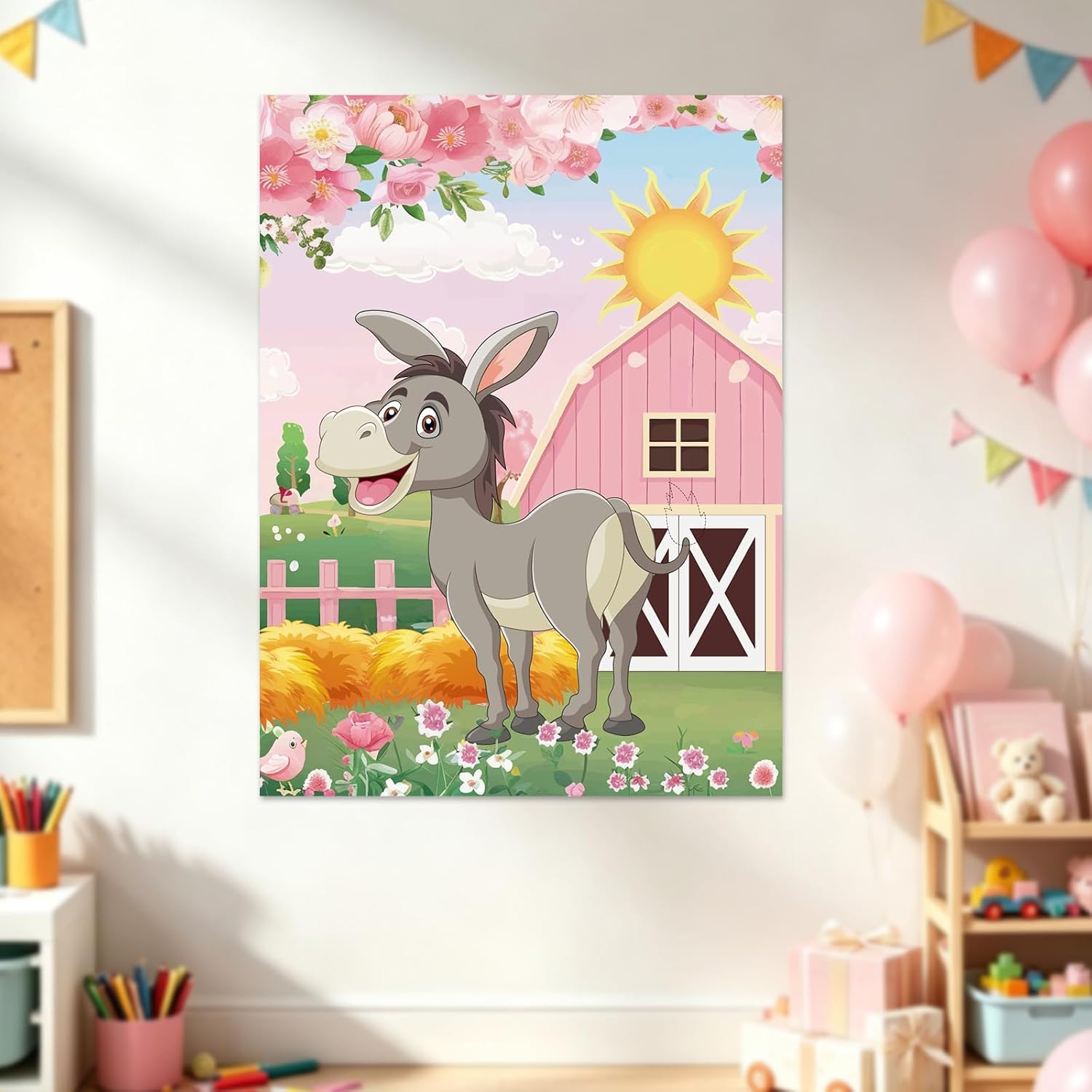 Pin The Tail On The Donkey Party Game Floral Farm Party Decorations with 50 Pcs Tails Large Farm Donkey Games Poster for Family School Activities Birthday Party Decor Supplies(Pink)