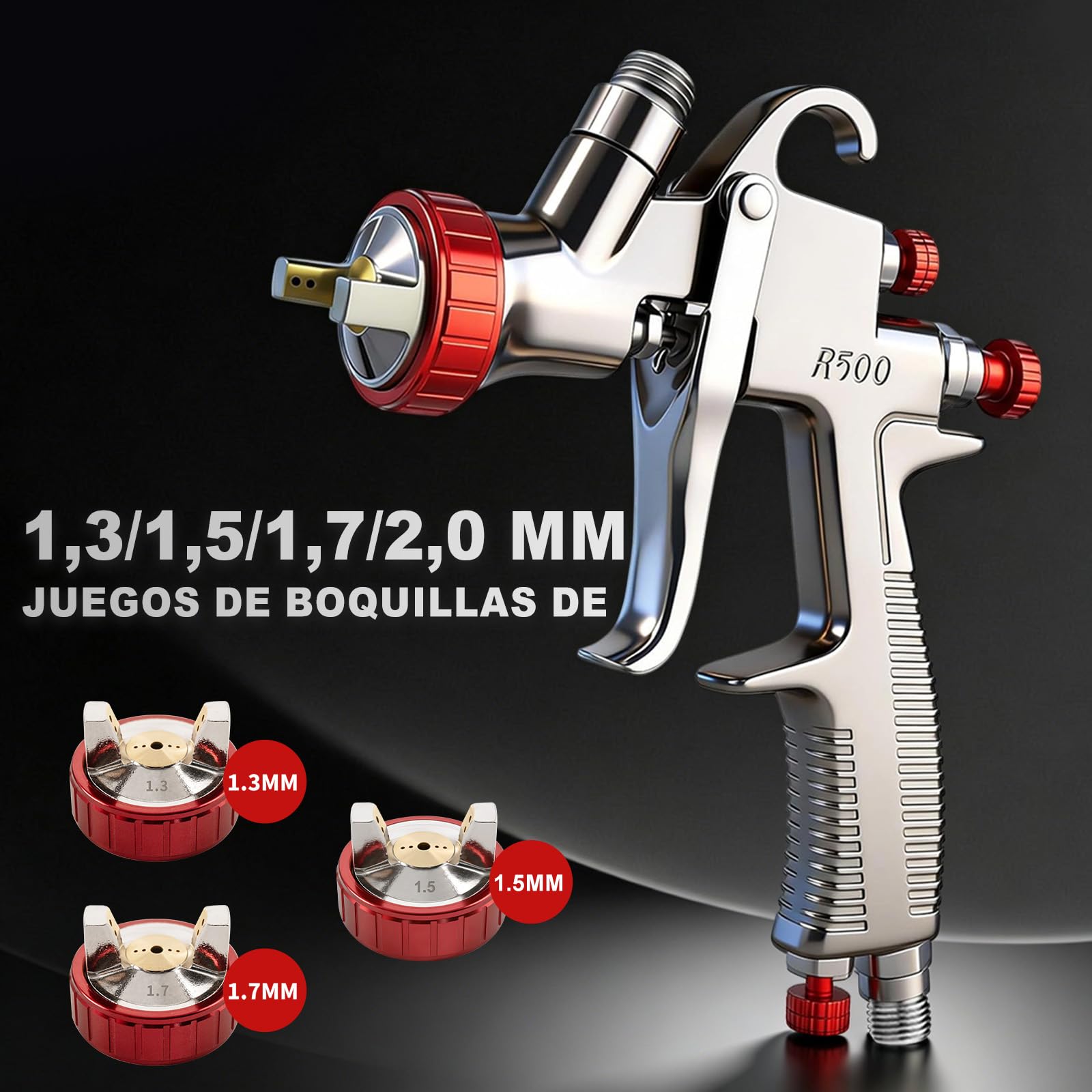 R500 LVLP Lackierpistole Spritzpistole mit Düsen 1,3/1,5/1,7 mm, 600ml Farbbehältern und 650ml Einweg-Farbbehältern, R500 Lackierpistole Druckluft LVLP Farbspritzpistole für Kfz, Möbel