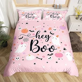 Manfei Pink Ghosts Duvet Cover Set Twin Size, Halloween Theme Bedding Set 2pcs for Kids Girl Room Decor, Gothic Skull Spider Bat Pumpkin Comforter Cover Soft Polyester Quilt Cover with 1 Pillowcase