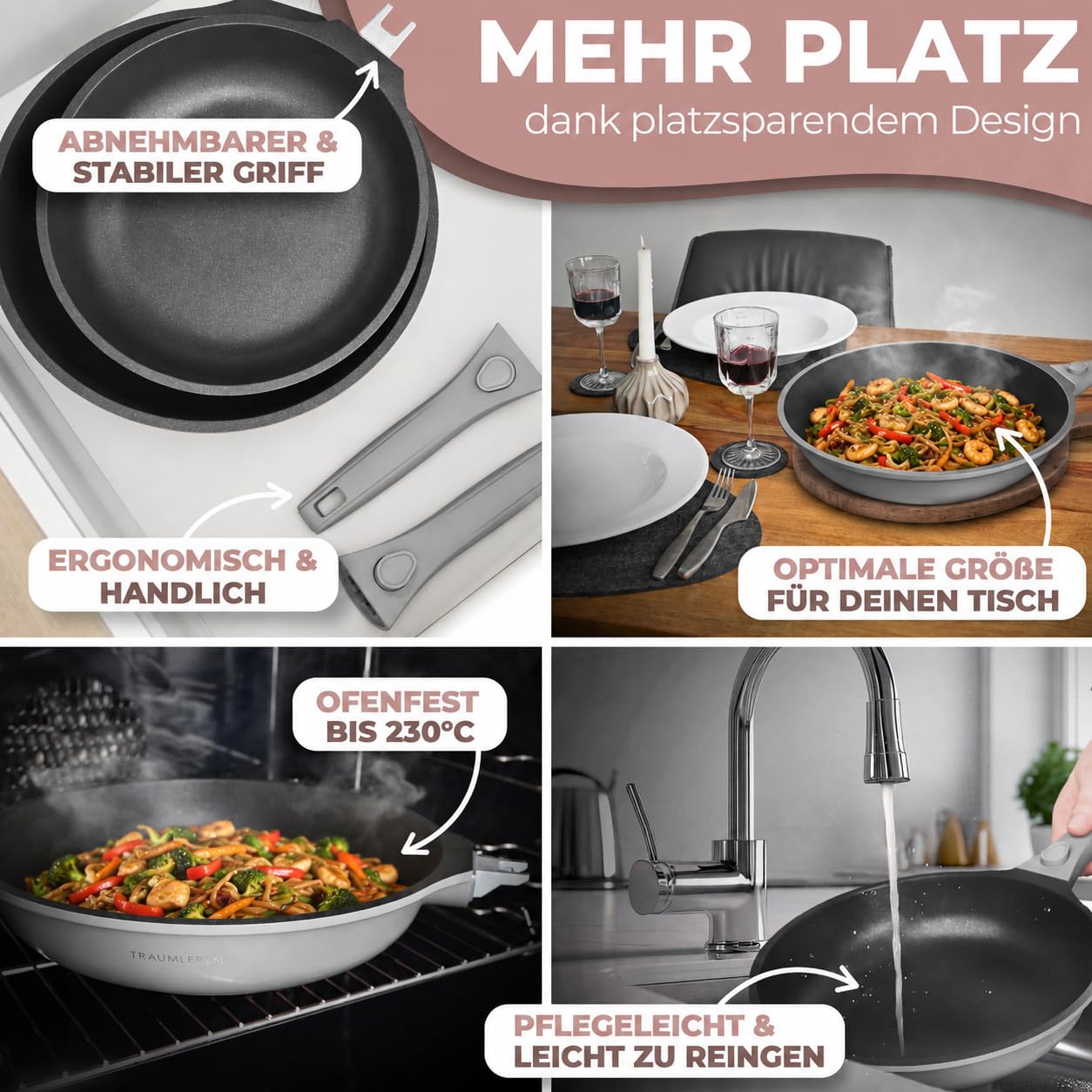 TRAUMLEBEN Bratpfanne SET 24 & 28 cm, Antihaft, abnehmbarer Griff (Grau) | Pfannenset 2-teilig, PFOA-frei, für Induktion geeignet, backofenfest