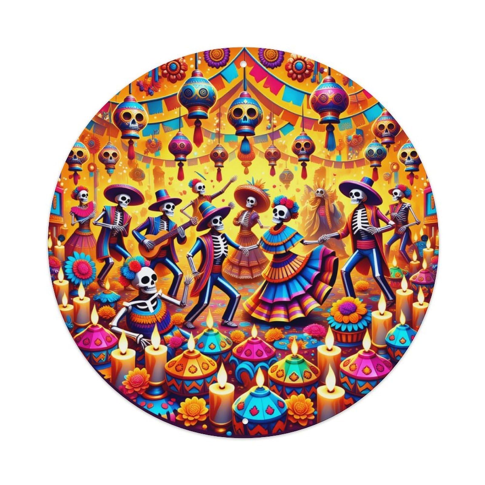 Day Of The Dead Celebration Round Tin Sign Vintage Metal Poster, Home Bar Garage Man Cave Cafe Indoor & Outdoor Wall Decoration 8x8Inches