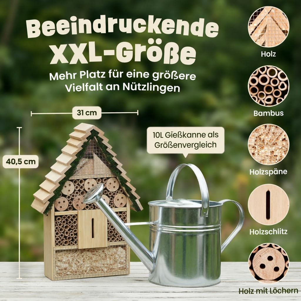 zooprinz Insektenhotel XXL Holz – Insektenhaus/Bienenhotel mit Bambus Röhrchen & Nisthilfe für Wildbienen – wetterfestes Design für Garten & Balkon – Stufendach (40,5 cm) - 3
