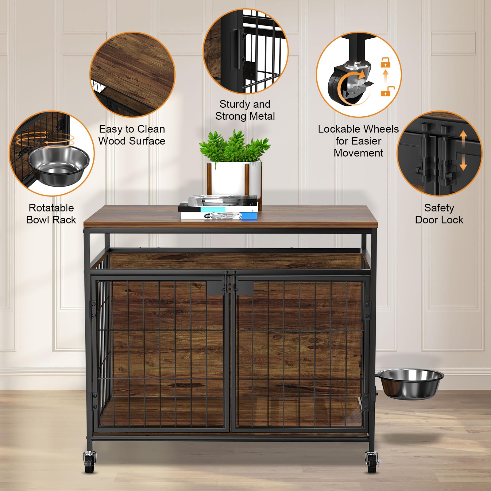 Hundekäfig mit Rädern, Robuster Beistelltisch aus Holz, Hundebox für den Innenbereich für Kleine/Mittelgroße Hunde, Doppeltüren und um 360 Grad Drehbarer Edelstahlnapf, 78,9cm L x 54,8 B x 69,8 H