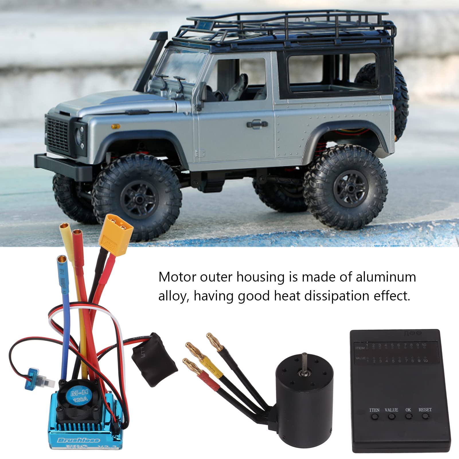 Silnik bezszczotkowy, do 1/8 1/10 RC – silnik o dużej prędkości 3650 2300 kV, 120 A ESC, wtyczka XT60, karta programowania, zestaw wentylatorów, wydajne rozdzielanie ciepła,