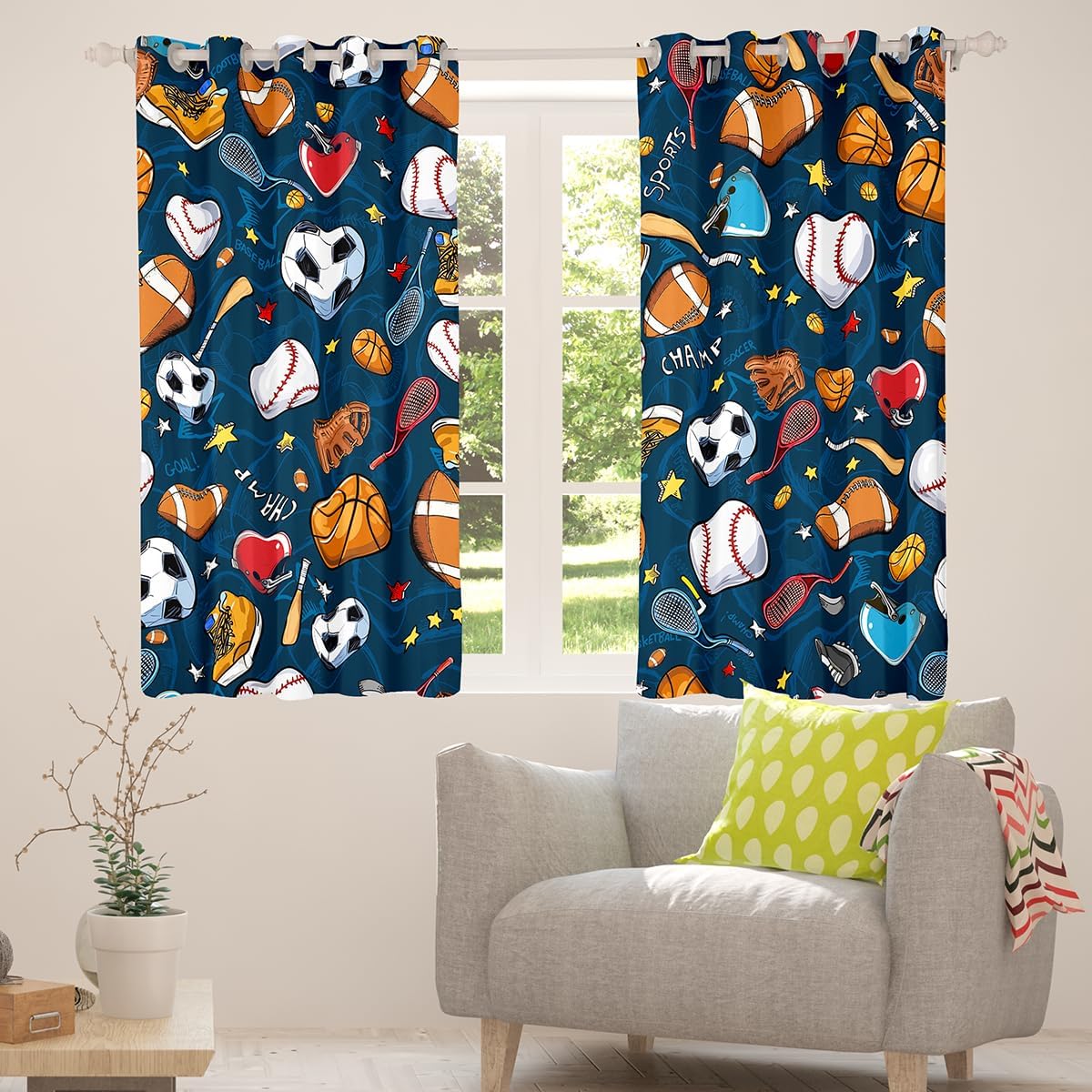 Basketball Curtains Baseball Football Rugby Window Treatments for Kids Boys Girls Teens Ball Sports Themed Window Curtains Soccer Football Game Volleyball Draperies 2 Panels 52"Wx90"L,Bedroom Decor
