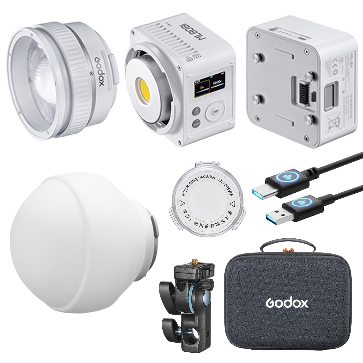 Godox ML80BI - Luz de vídeo LED, 2800 K-6500 K, kit de iluminación de vídeo bicolor, control de la aplicación, con reflector de objetivo ML-Z y batería ML-BA de 6600 mAh, con kit de cúpula de difusión | CRI96+ TLCI96+, control de aplicación, USB-C, reflec