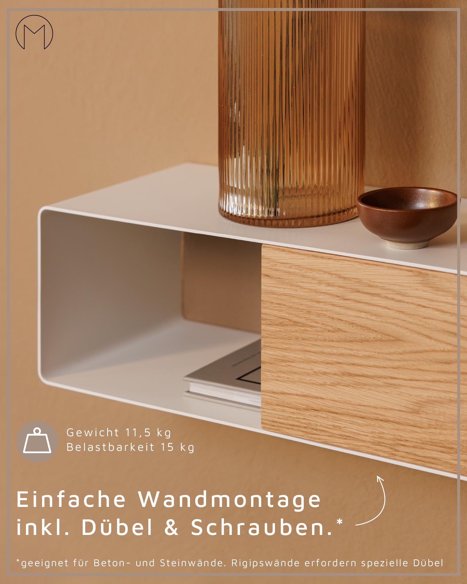 Metallbude Hängekonsole SION - Schwarz/Eiche - Moderne schwebende Wandkonsole aus Metall - Kratz-, Stoß- & Schlagfest - 120x19x15 cm