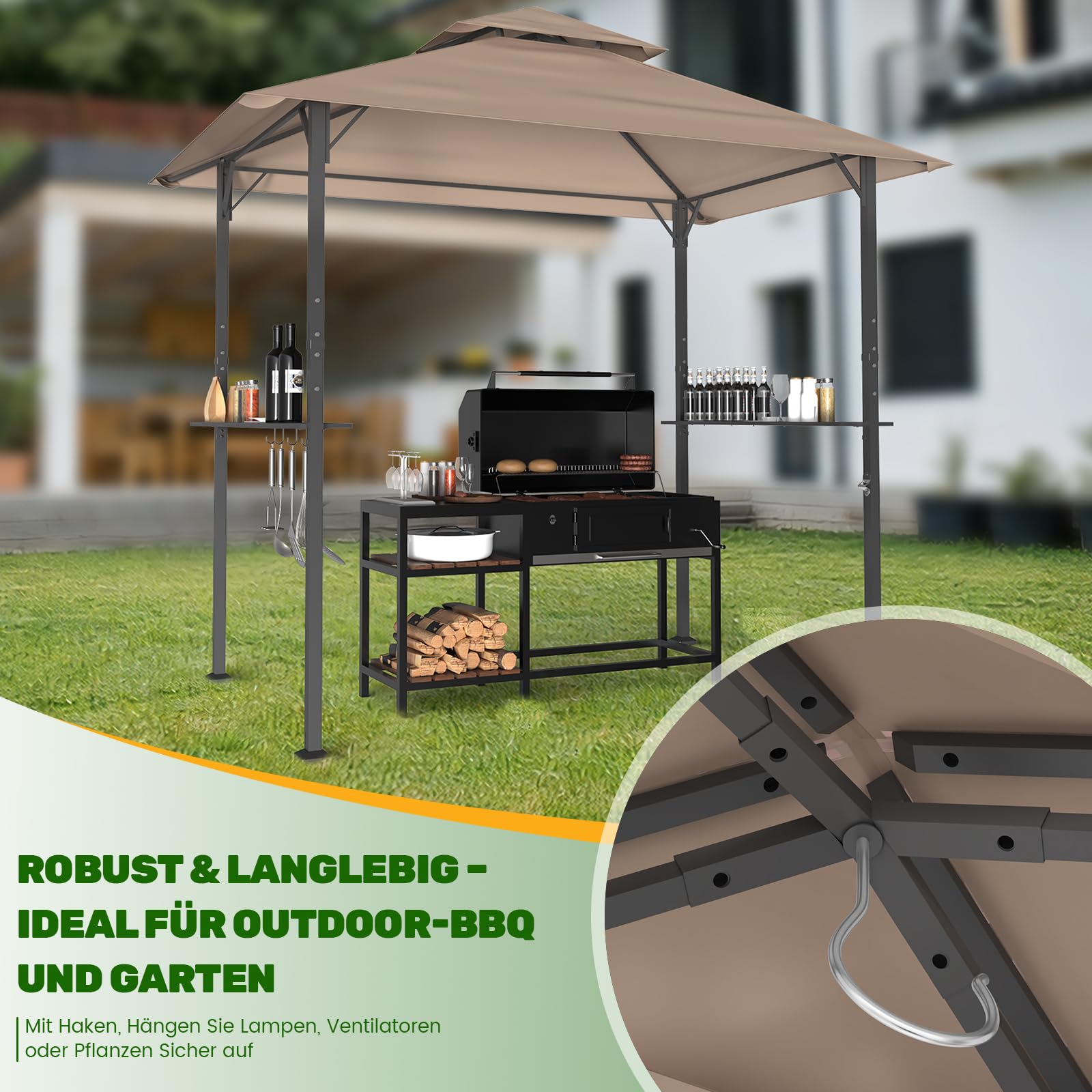 Huracan Grillpavillon mit Doppeldach, Wetterfest Gartenpavillon Grillüberdachung, Gartenlaube mit Seitenregalen, Flaschenöffner & Haken, UV-Schutz Belüftetes Dach, Grillunterstand BBQ Pavillon Party