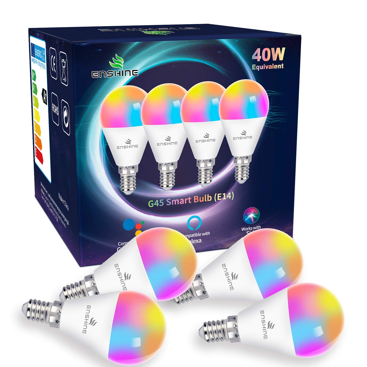 EnshineE14 Smart Bulb, Alexa Light Bulbs Small Screw, Colour and Tunable White WiFi Light Bulbs G45, Compatible with Alexa and Google Home, APP Remote Control, 5W(40W), 470lm, No Hub Required, 4 Pack