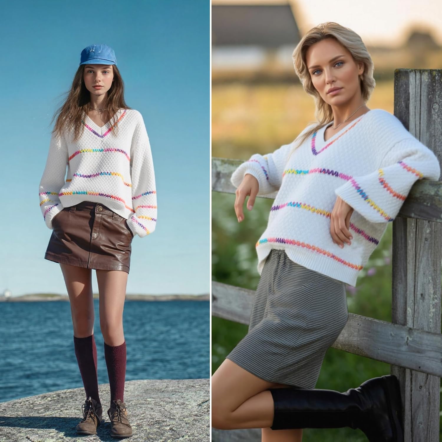 Bi&Yamigeo Oversized Colorful Striped Sweater for Women Fall Loose Knitted V-Neck Long Sleeve Drop Shoulder Pullover Tops - Image 4