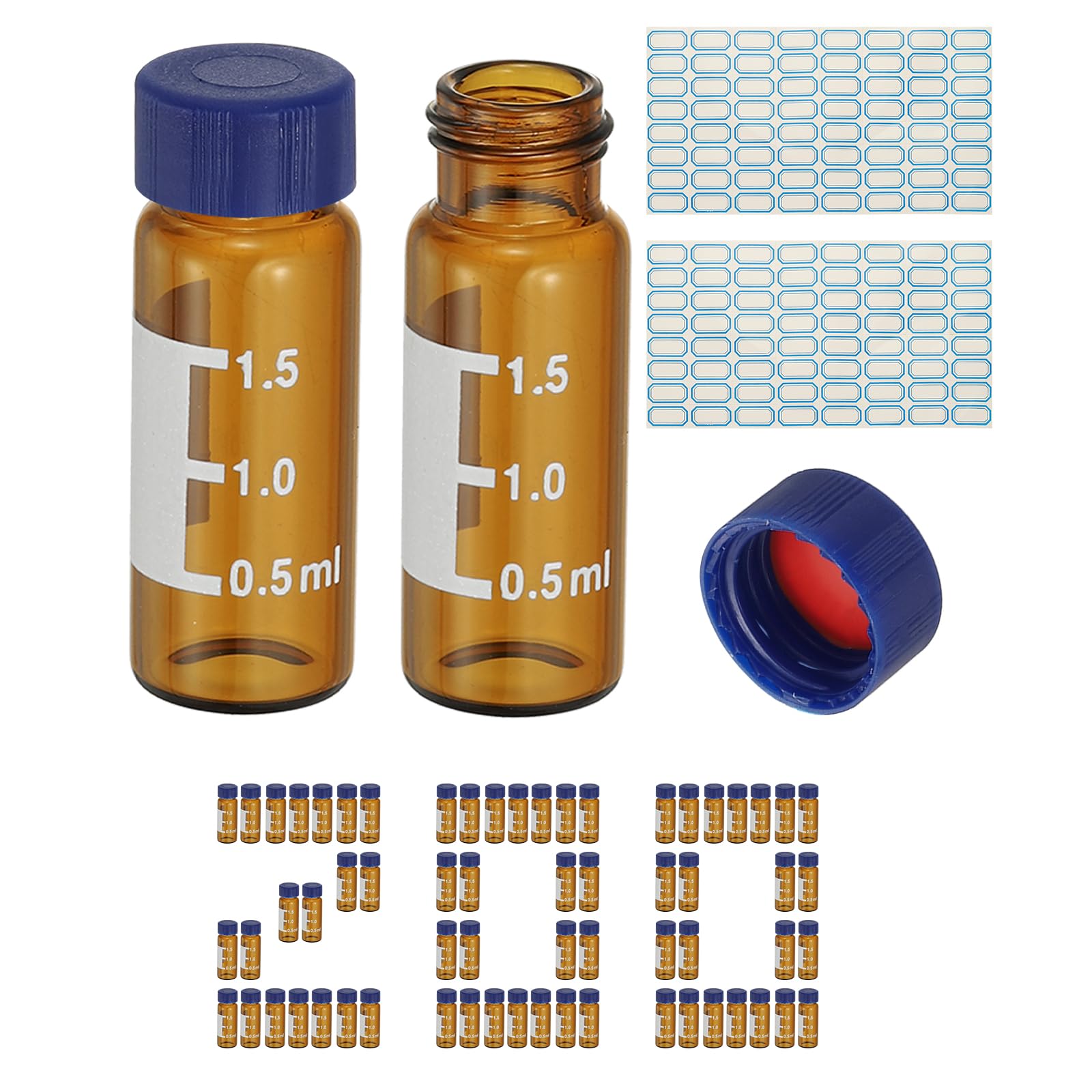 PATIKIL Fiala campionatore automatico da 2 ml, 200 fiale HPLC/GC 9-425 fiale da laboratorio ambrate per campioni di fiale con tappo a vite solido patch di scrittura PTFE e silicone Septa con etichette