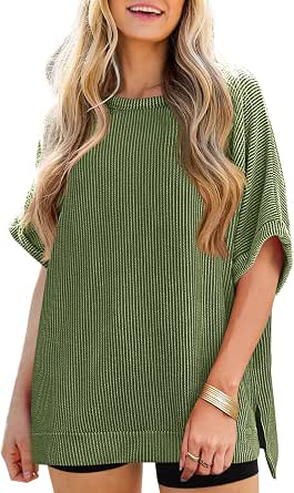 Ribbed Knit Batwing Sleeve Tunic Oversized T Shirt