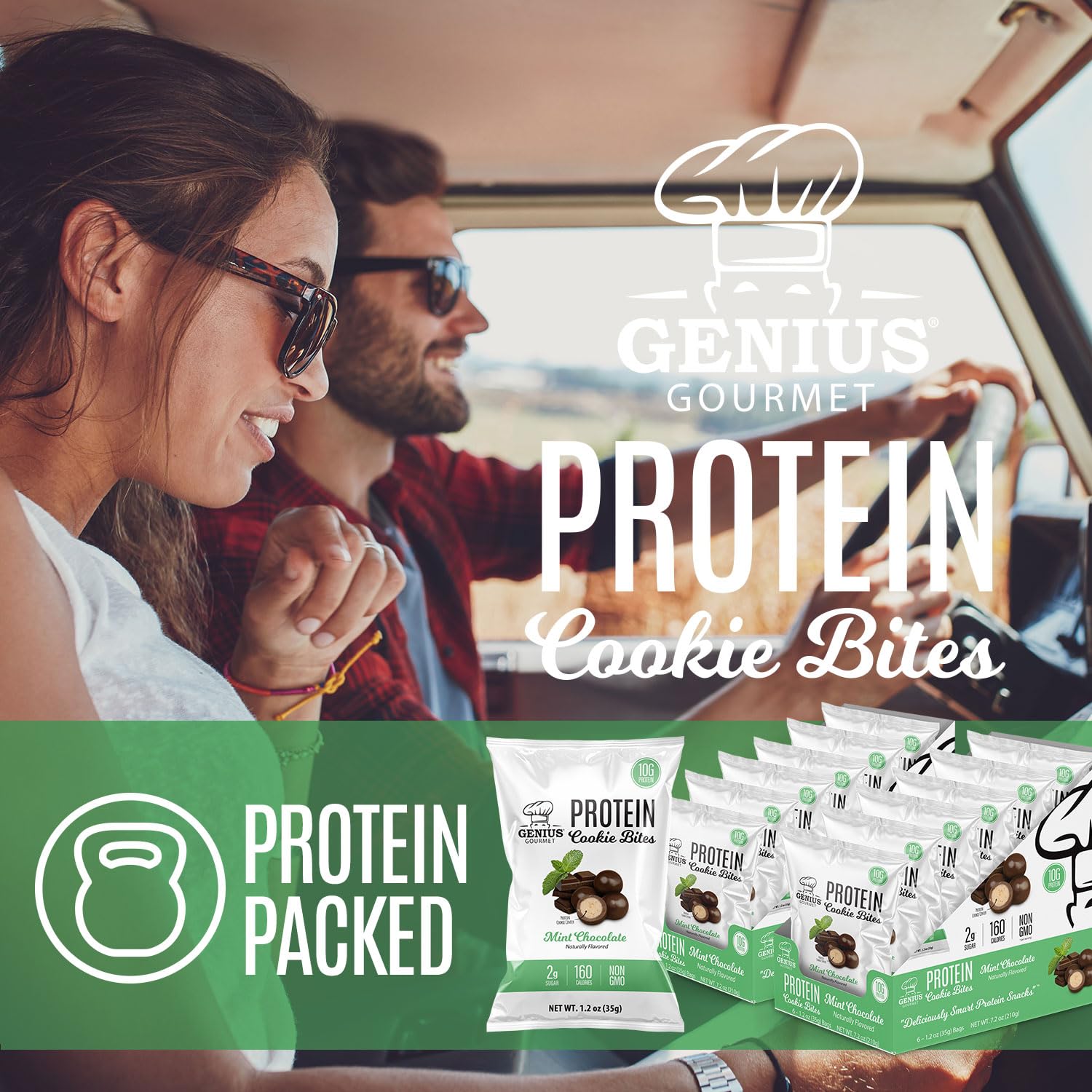 Genius Gourmet Protein Cookie Bites Mint Chocolate - 10g Protein, No Added Sugar, Low Carb, Non-GMO - Sweet Protein Desserts & Protein Snacks for Adults and Kids - 12 Bags