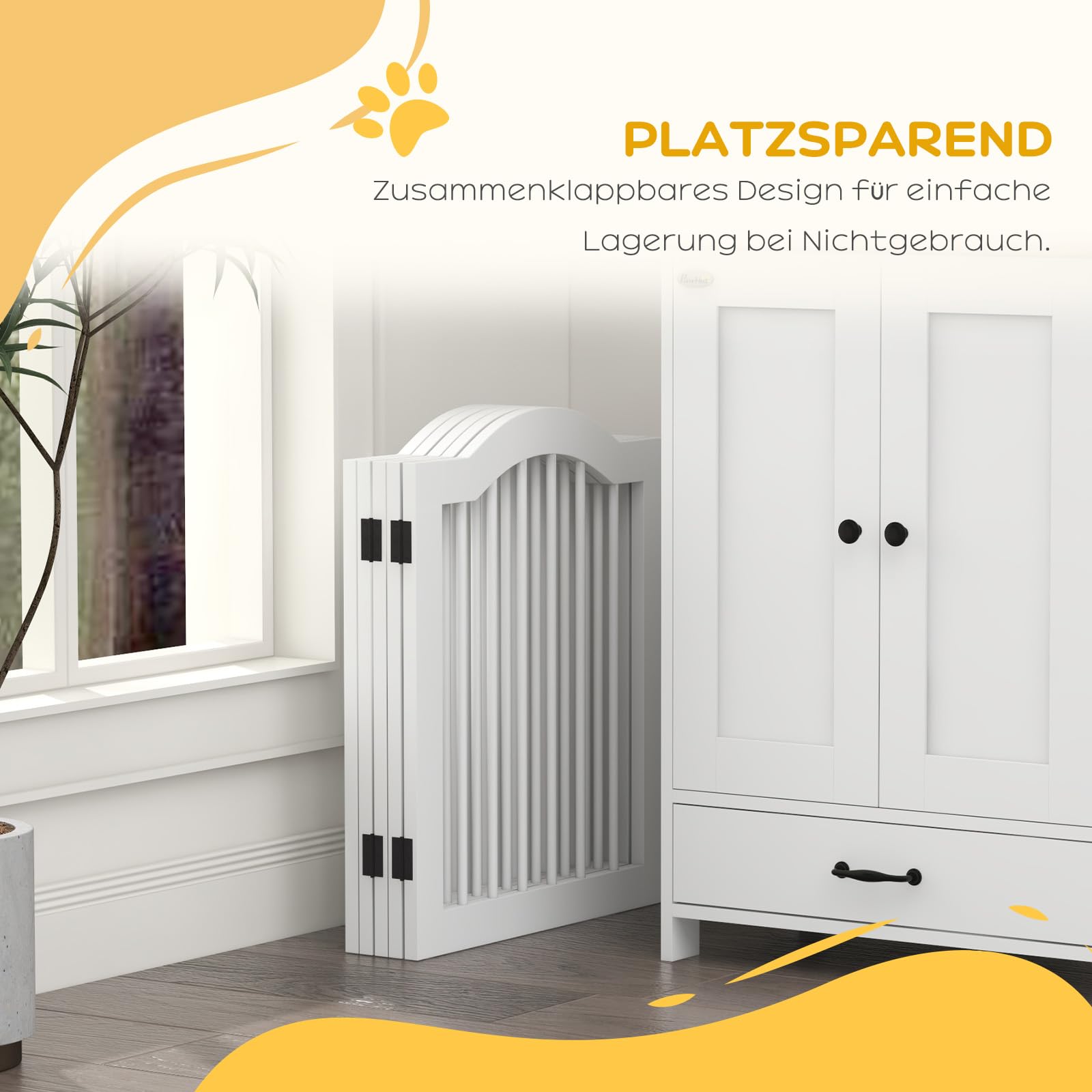PawHut Absperrgitter Hund 5-teilig, 261,5 x 61 cm Faltbar Hundegitter mit Tür, Türschutzgitter mit 2 Stützfüßen, Freistehend Treppengitter für Küche, Flur, Weiß