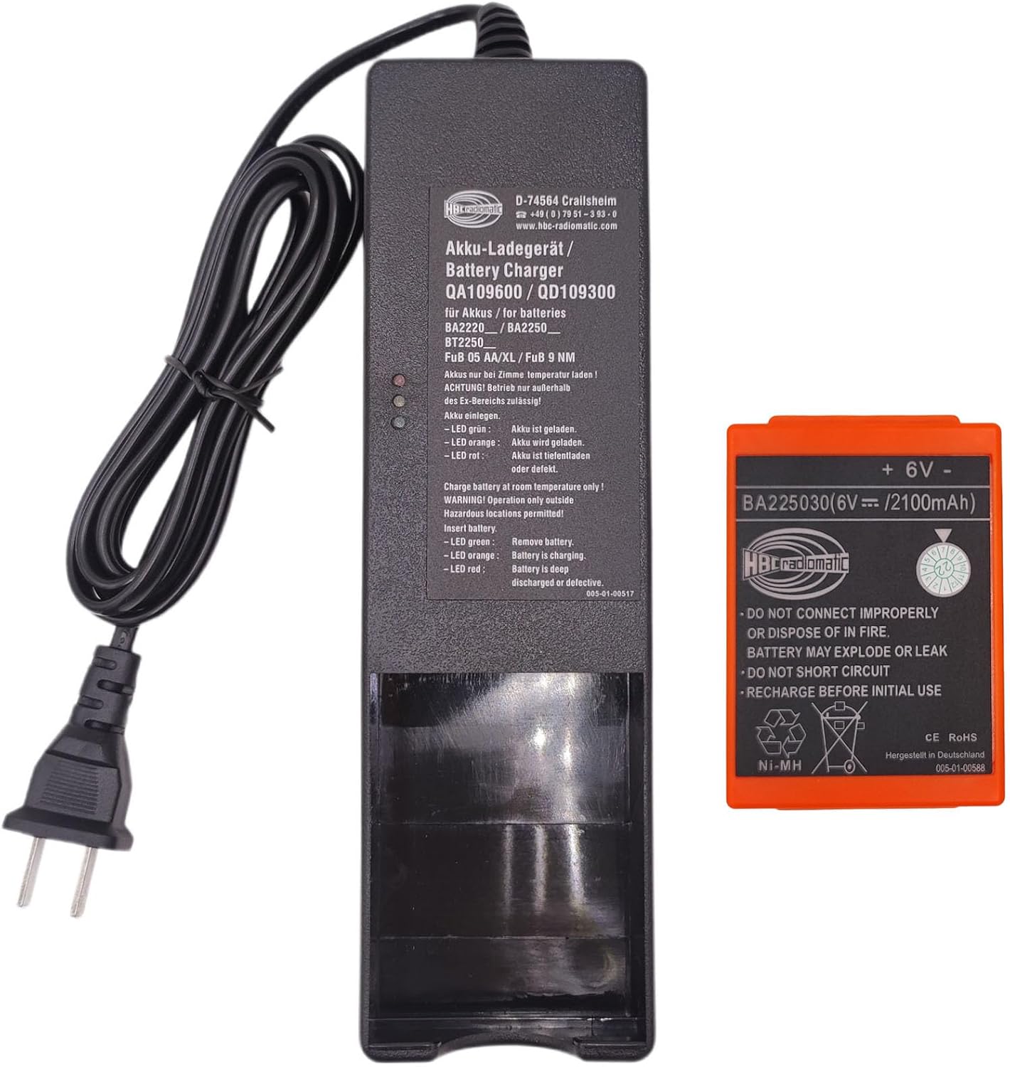 (1*Charger + 1*Battery) HBC Radiomatic Battery Charger 100-240V AC with 6V BA225030 Battery, D-74564 FLG 105B 230V/115V FLG-105B Direct Charger QA109600, BA225030 6V 2100mAh/ FUB 05AA 500mAh/FUB 9NM