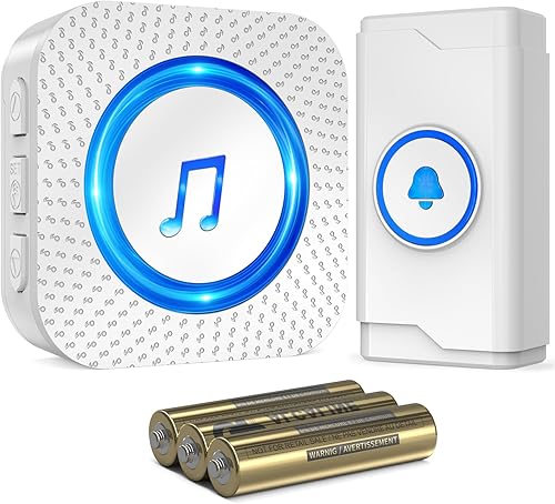 SURFOU Timbre inalámbrico, impermeable, fácil instalación, rango de 1300 pies, 55 campanillas, 5 niveles de volumen ajustables, flash LED (1 botón+1