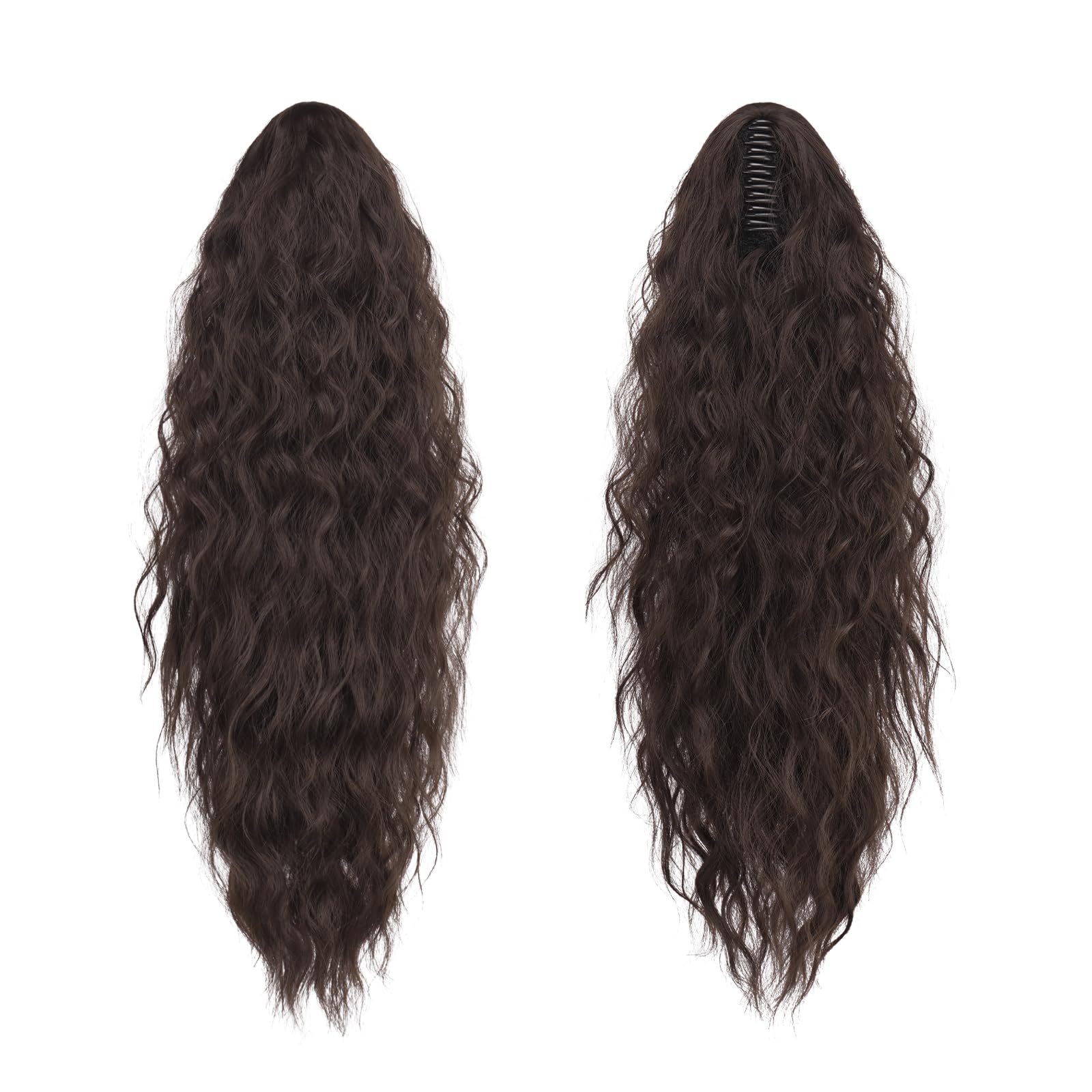 FESHFEN Claw Clip Ponytail Extensions, Long Pony Tail Hair Piece Wavy Curly Synthetic Hairpieces for Women Dark Brown 26 inch - Image 2