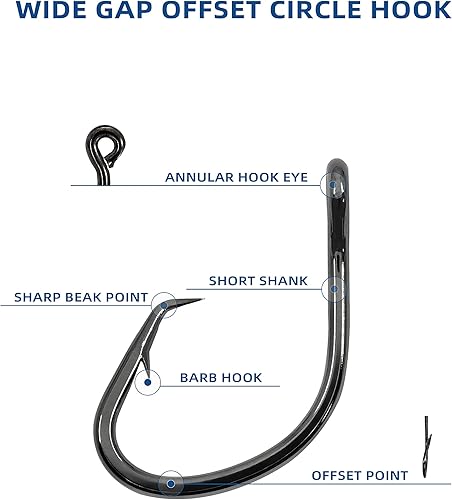 Miniatura 5 de BLUEWING Gancho circular de gran espacio de 25 ganchos de pesca de acero de alto carbono, ganchos de pesca extra afilados para pesca en agua dulce