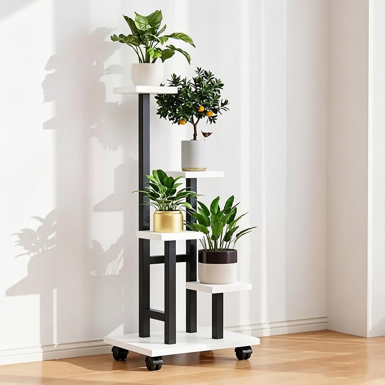 ATRBNCX 4 Tier Rolling Plant Stand Indoor, Heavy Duty Metal Frame With Wooden Shelves, Space-Saving Corner Flower Holder For Garden, Porch & Living Room(Color:White)