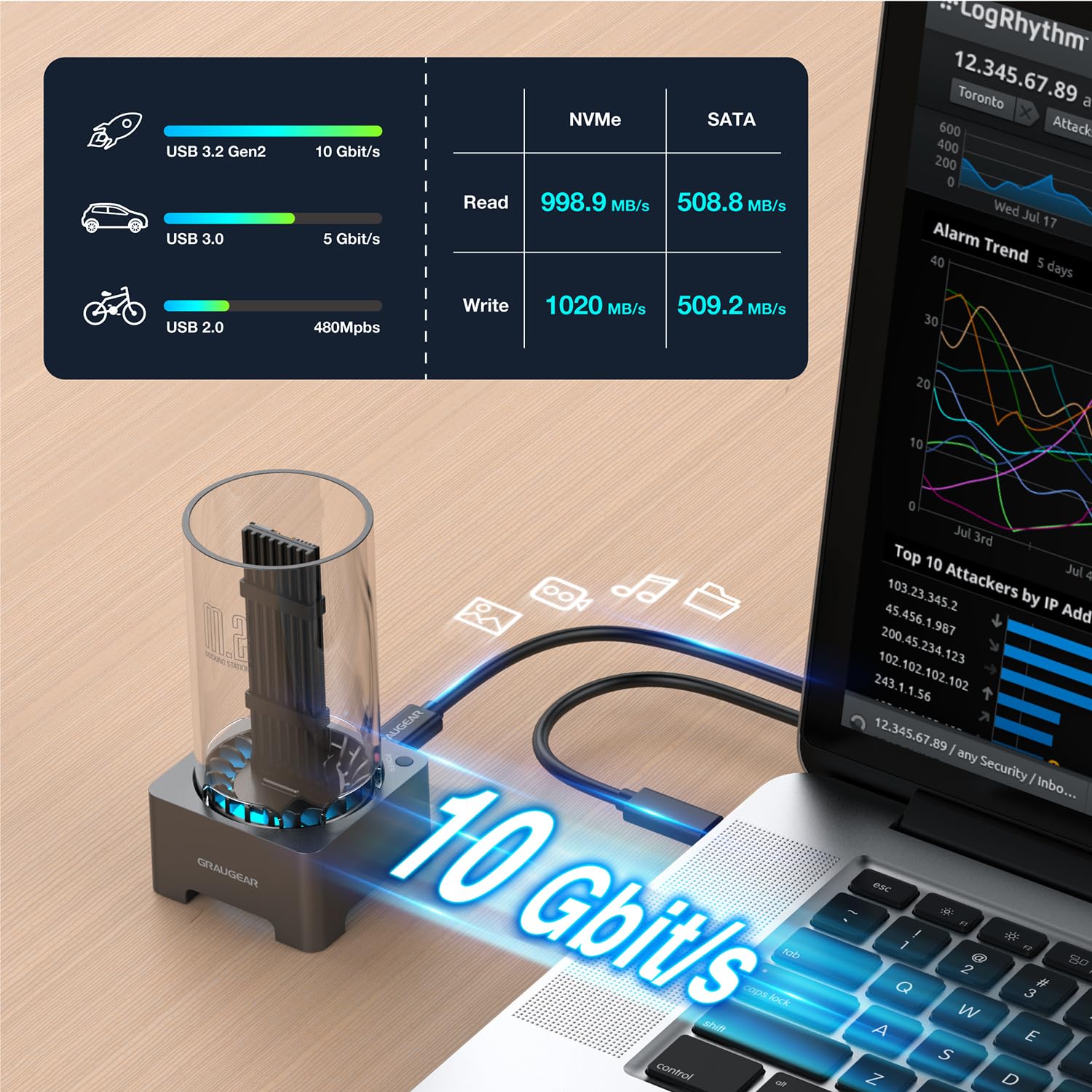GRAUGEAR M2 SSD Docking Station für alle M.2 NVMe PCIe & NGFF SATA Festplatte [10Gbit/s Dock] USB3.2 Gen2 10Gbps I M.2 Externe Festplatten Dockingstation I SSD Festplatte Extern I Leise Lüfter Kühlung