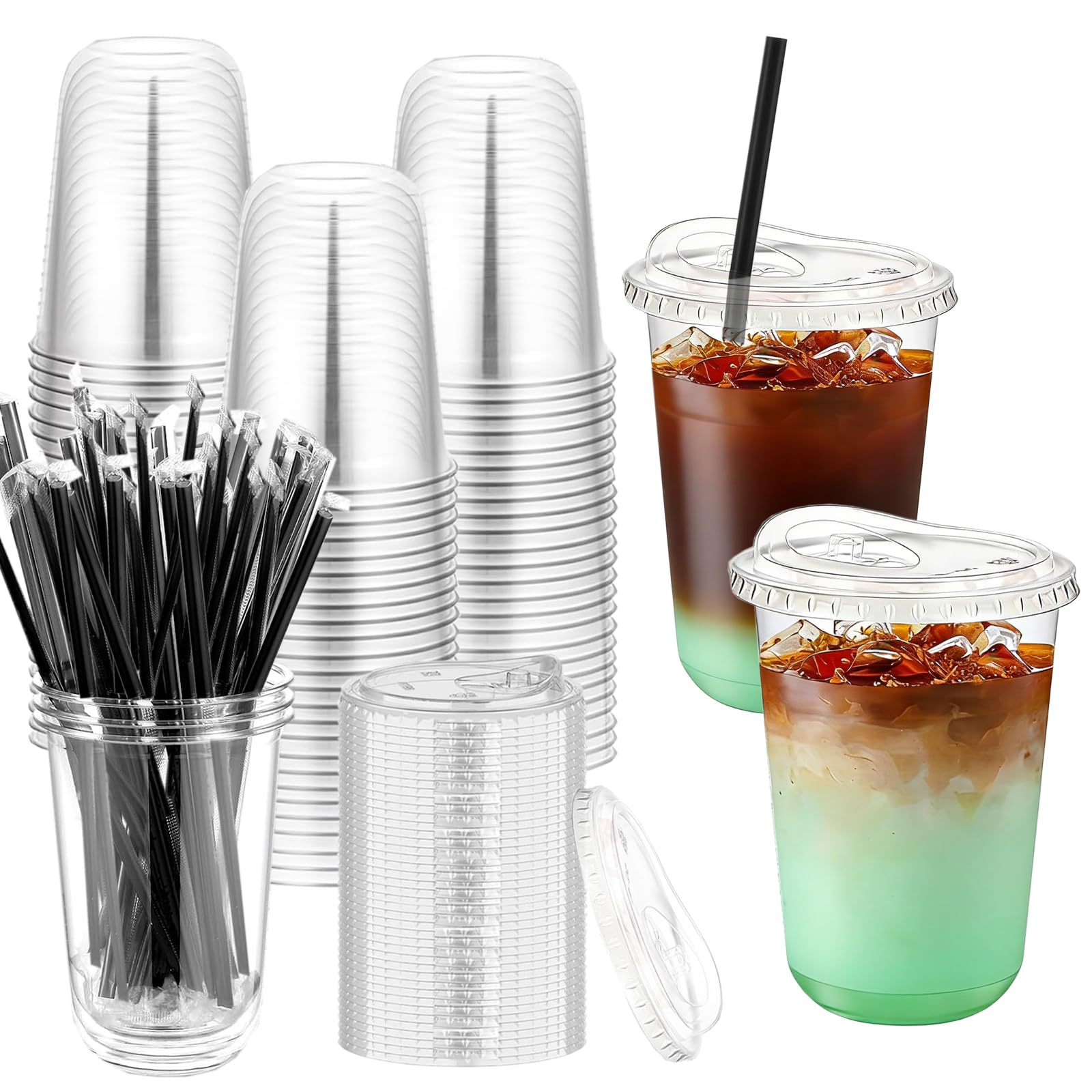 Photo 1 of Artuxer 100 Set 16oz Clear Plastic Cups with Sip Lids and Straws,Disposable iced coffee cups with lids for Cold Drinks,Smoothies, Juices,Round Bottom To Go Coffee Cups for Party,Picnic (16, ounces)
