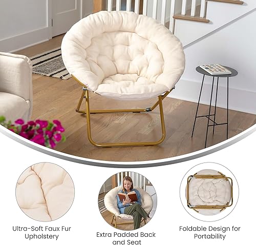 Miniatura 4 de Flash Furniture Gwen - Silla plegable de gran tamaño, silla lunar de piel sintética de sherpa marfil, marco de metal dorado suave, silla plegable