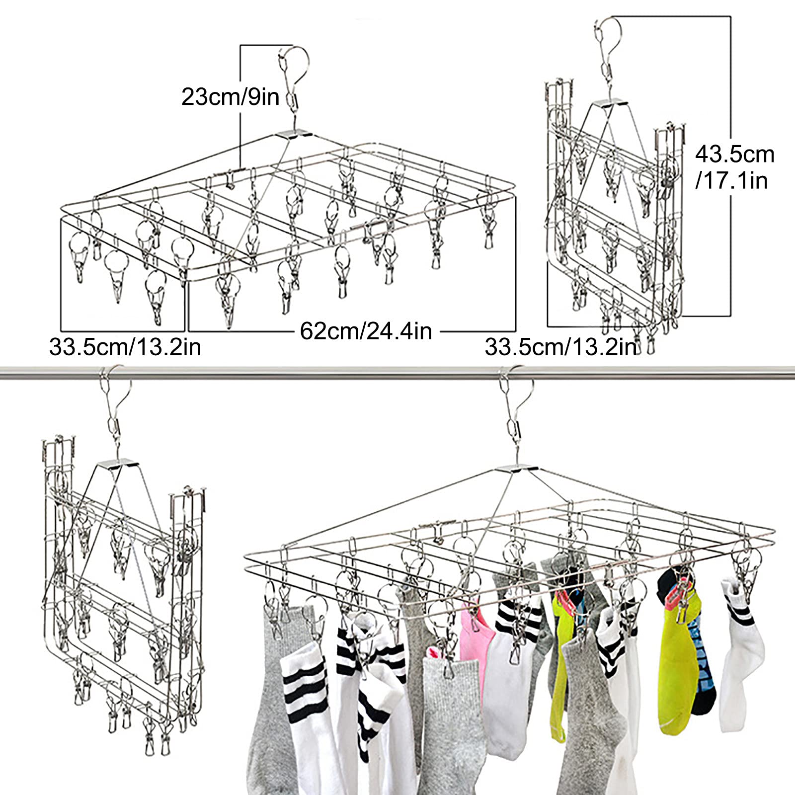Stendibiancheria per calzini in acciaio inox, gancio rotante, a 2 strati, per calze, biancheria intima, solette, guanti, rettangolare