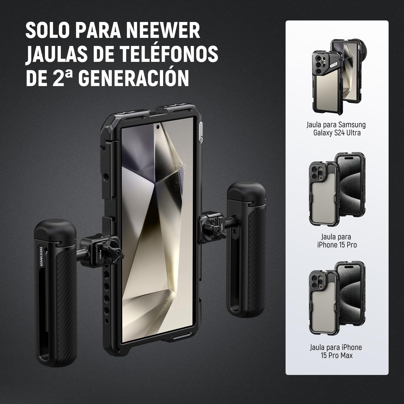 NEEWER Manija Lateral Liberación Rápida para Jaula Teléfono PA073 PA074 para iPhone 16 Pro/16 Pro MAX, PA042 para Samsung S24 Ultra, con Zapata Fría Cubierta, Anti Off Pin, Cerradura Negra, PA045B