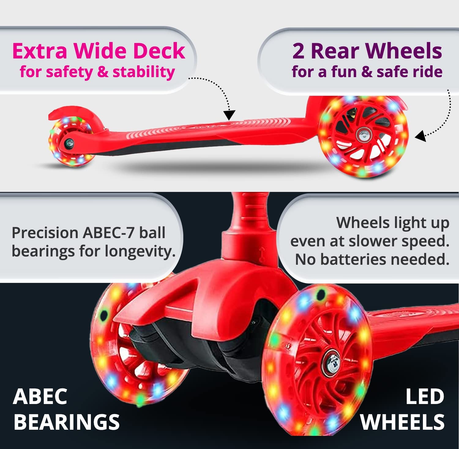 Kicksy - Kids Scooter - Toddler Scooter for Kids 2-5, Adjustable Height -3 Wheel Scooter for Kids Ages 6-12 Boys & Girls- Kids Three Wheel Scooter with Light Up LED Wheels Made for Stable Ride (Red)