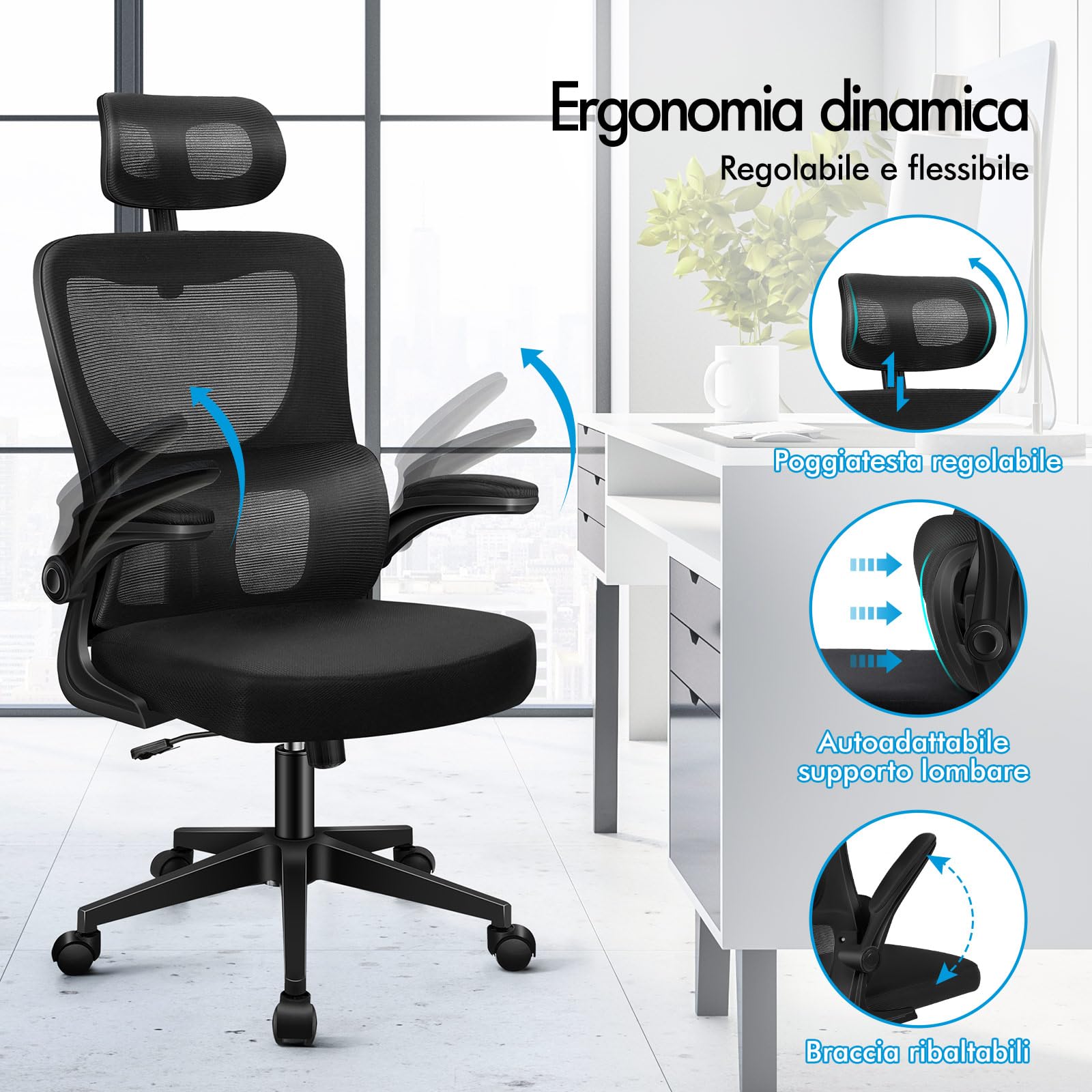 ALFORDSON Sedia da Ufficio Scrivania Ergonomica Lombare Nera | Poltrona Girevoli in Rete Serie NYLES, Supporto lombare adattivo, Poggiatesta regolabile, Braccioli imbottiti, Portata 150 kg