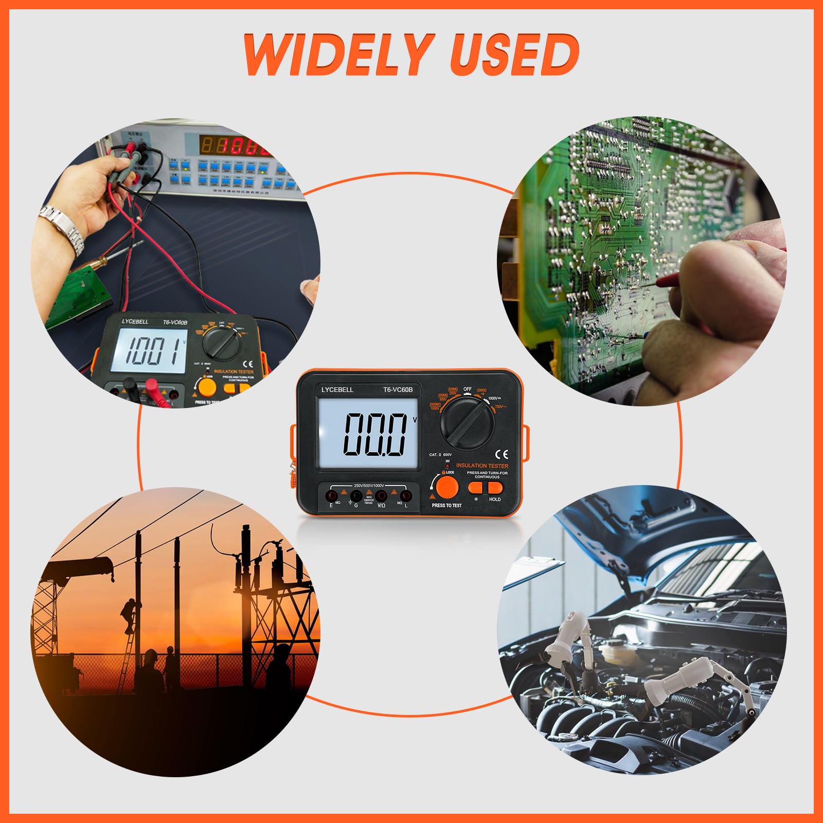 Testeur de Résistance D'isolement Numérique LC-VC60B 0,1~2000 MΩ Mégohmmètre, DC 250V/500V/1000V AC 750V avec d'alerte haute tension, écran LCD Rétroéclairé et Fils de Test et Clips de Test