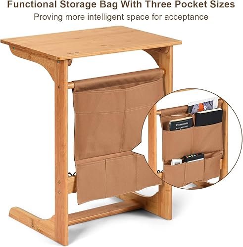 Miniatura 7 de COSTWAY Mesa auxiliar 100% de bambú, mesa auxiliar con bandeja de TV en forma de L, mesa auxiliar de aperitivos para computadora portátil con bolsa