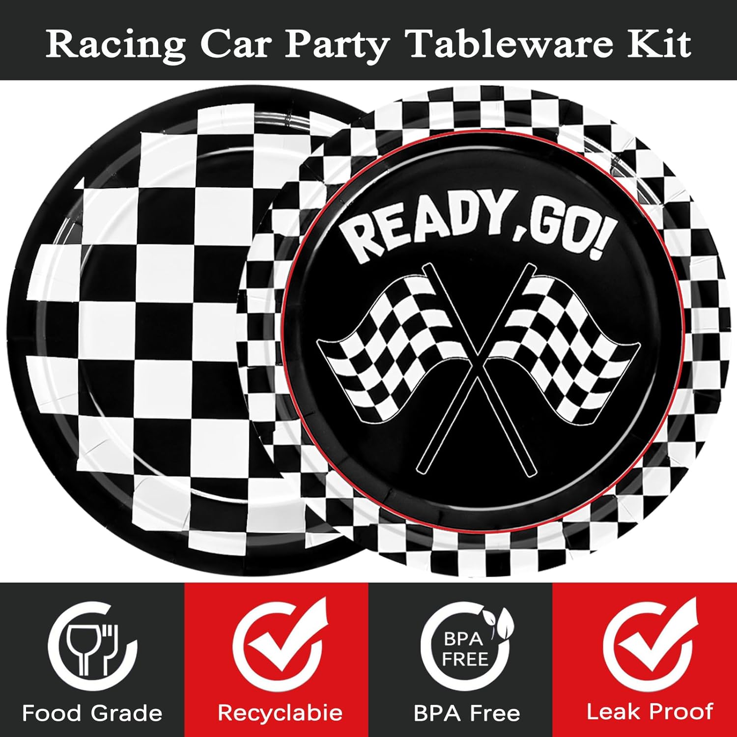 WNINK 48 PCS Race Car Themed Disposable Plates Black and White Checkered Dessert Plates Round Checkered Flag Party Paper Plates for Race Car Birthday Baby Shower Outdoors Picnic Party Supplies - Image 4