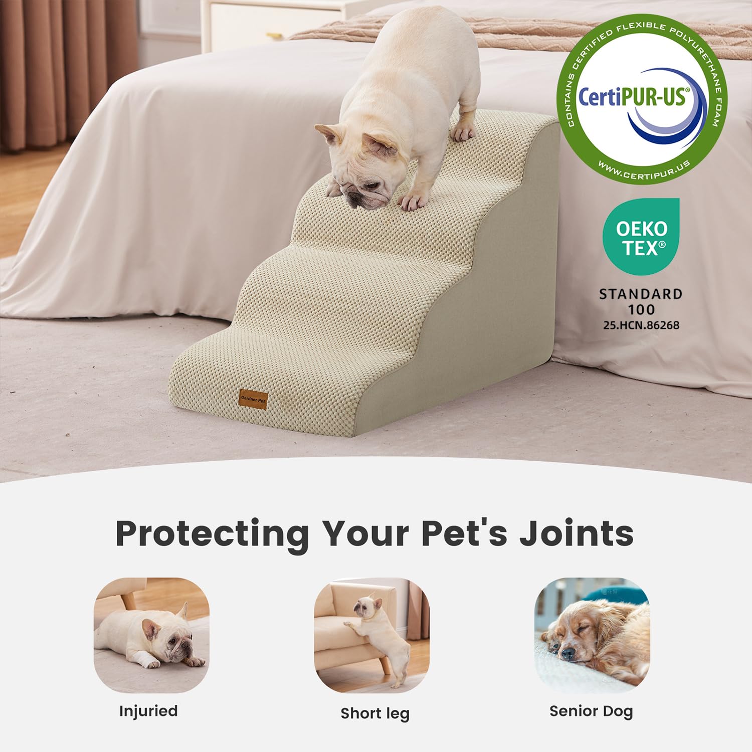 Gardner Pet Scala per Cani Piccoli 50cm, 4 Gradini, Rampina in Schiuma con Rivestimento Antiscivolo e Impermeabile per Letto, Divano e Auto, Beige