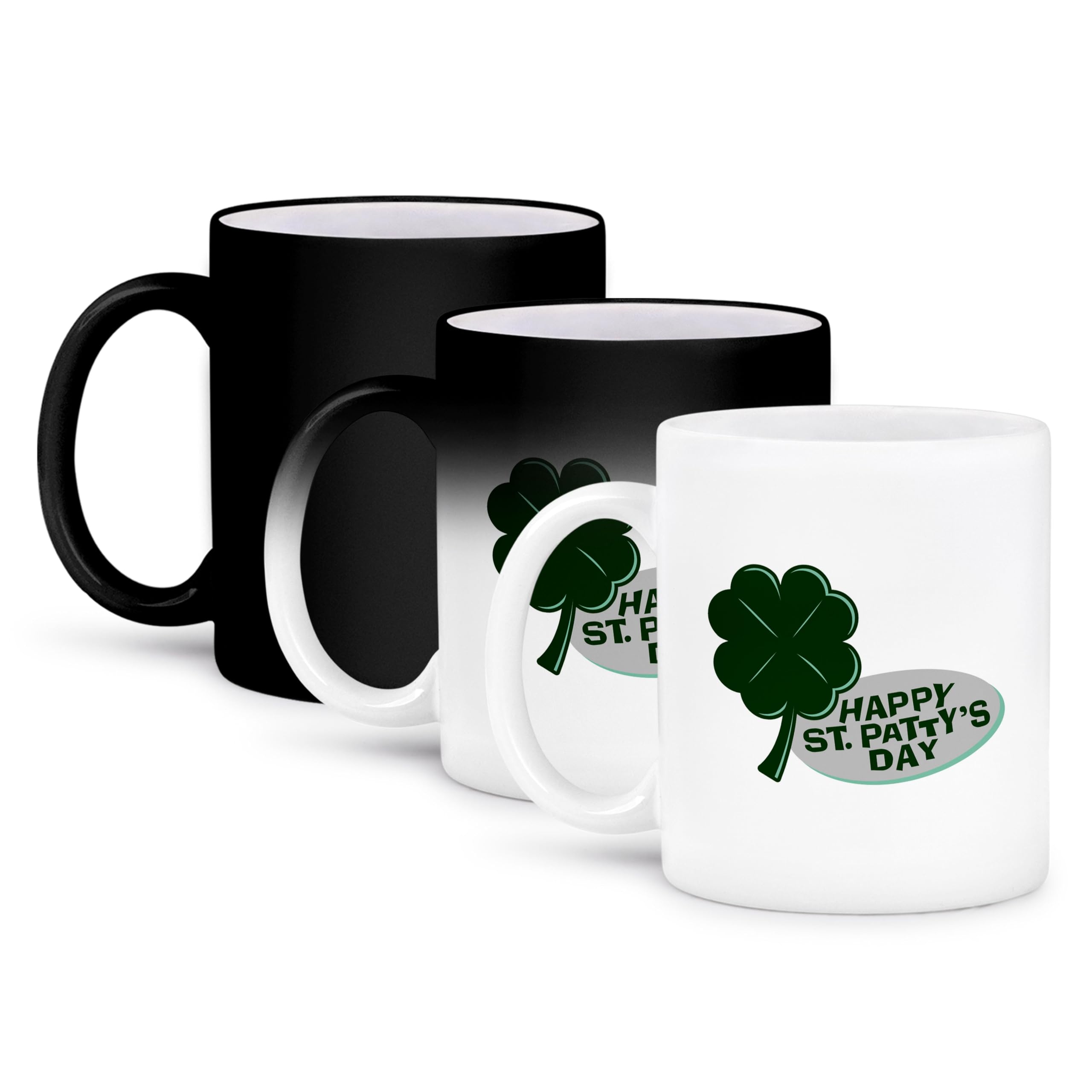 3dRose Mug happy st patricks day single clover - 11oz - Transforming, Black/White