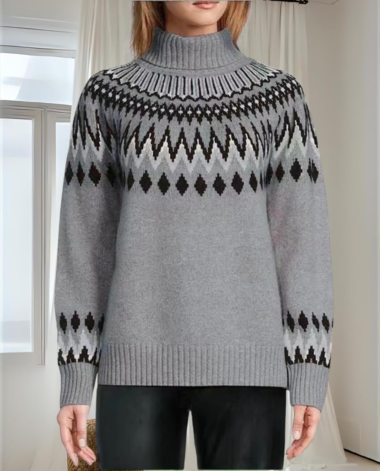 Women's Geometric Print Turtleneck Sweater Winter Warm Long Sleeve Casual Top for Vacation and Daily Wear - Image 3