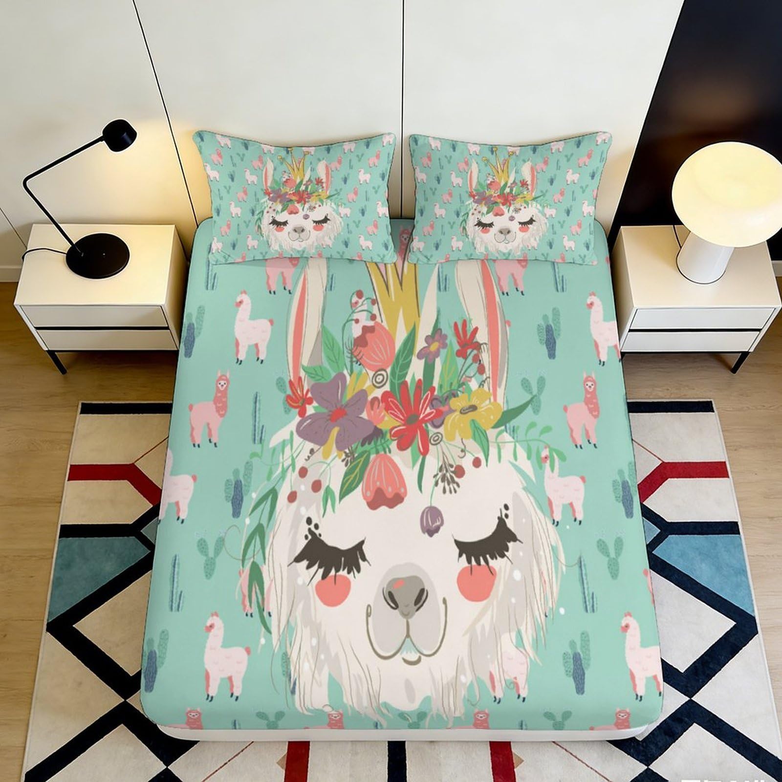 3D Printed Cute Llama Fitted Sheet Microfiber Soft Breathable Floral Crown Bed Cover for Bedroom Dormitory Guest Room Mattress Protection Decor 90x200x25cm