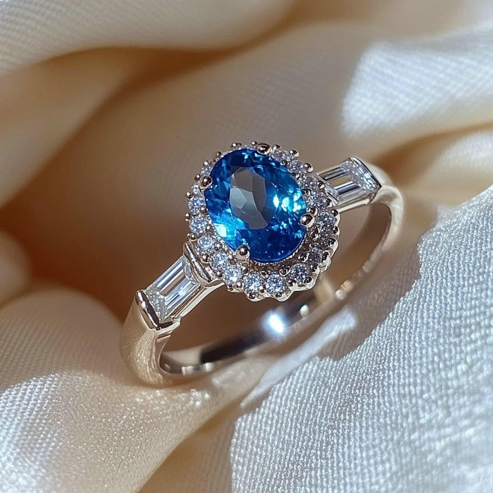 KnSam Anillo de compromiso de oro real Au 375/585/750, oro blanco, anillo de boda con topacio azul, corte ovalado, oro blanco 9 K/14 K/18 K, moissanita, talla 47-65
