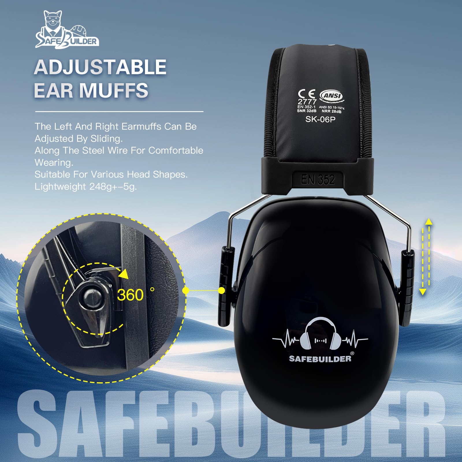 SAFEBUILDER SK-06P Protection auditive, protection auditive, réduction du bruit, NRR, 28 dB, protection auditive réglable pour travaux de pelouse