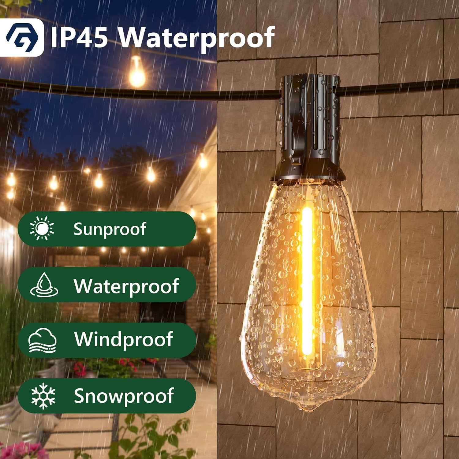 GPATIO Guirnalda Luces Exterior, 36M Luces Exterior Jardin con 62 Bombillas | Impermeable Guirnaldas Luces Exterior, G40 Bombillas Inastillable, Luces Terraza Exterior para Jardín, Patio, Navidad.