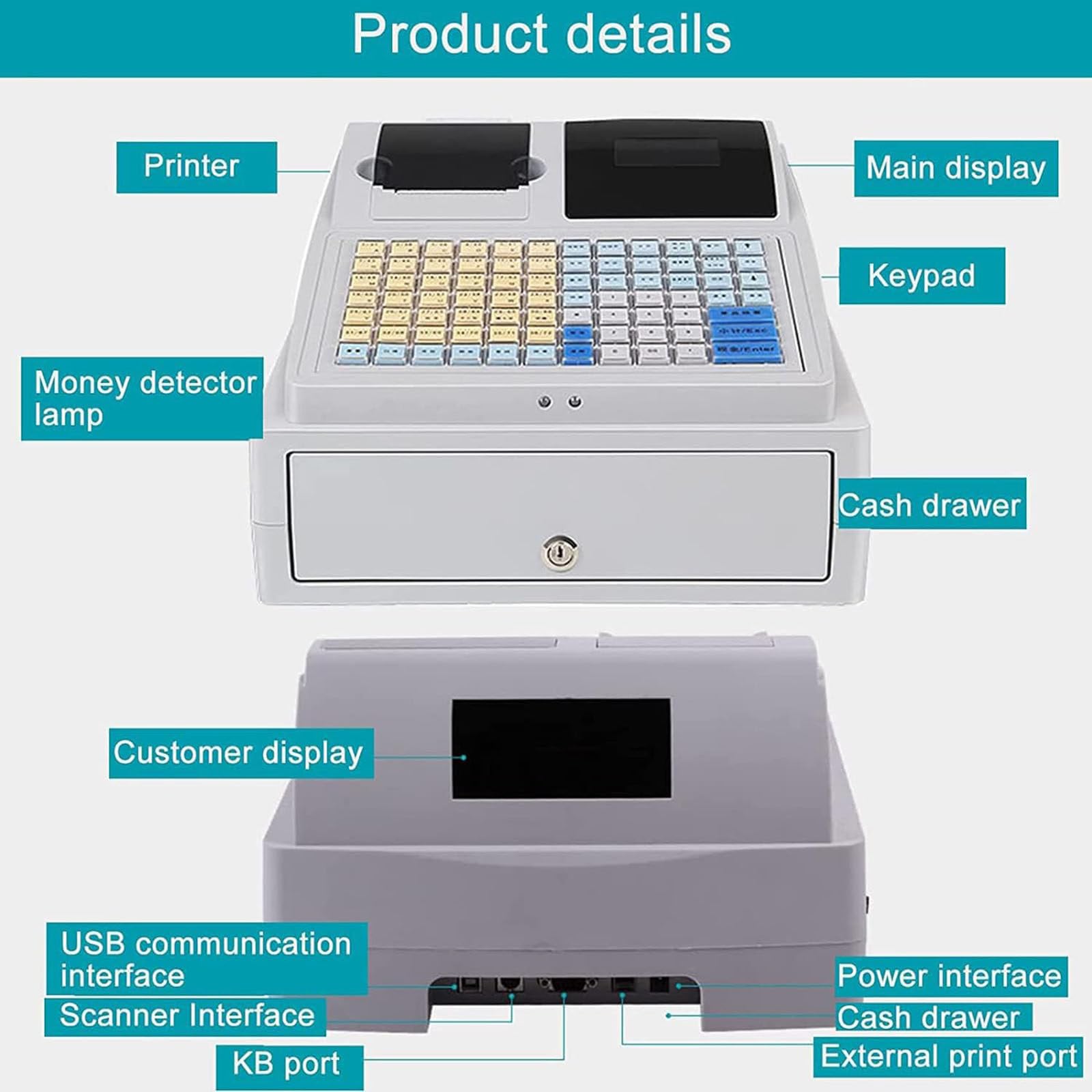 Registratore di Cassa LCD, contasoldi elettronico con Lampada di rilevamento Denaro, Sistema di Gestione della Cassa con opzioni di smistamento Bancomat, Display a Doppio Schermo
