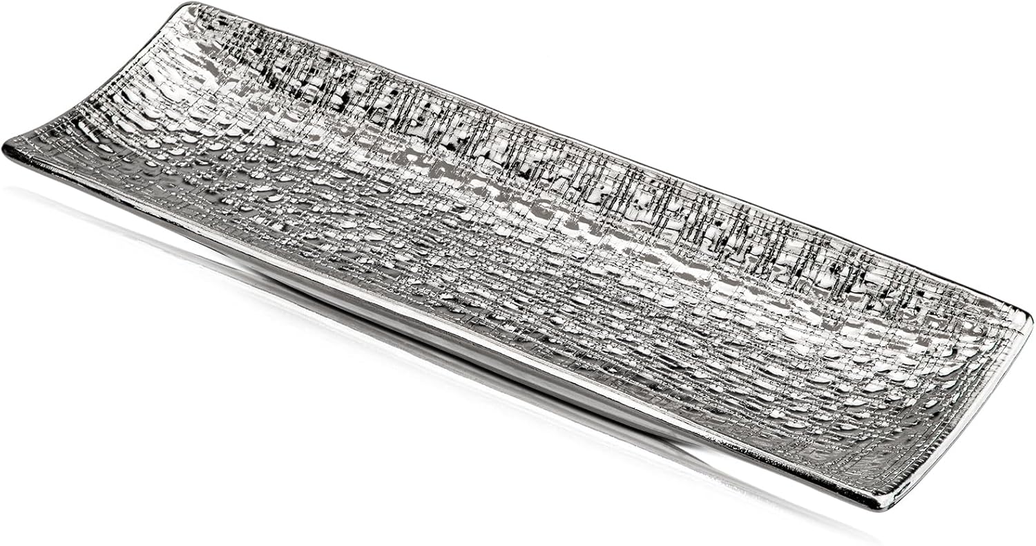 Hollyone Plant Tray Saucer Decor Silver Metal Ceramic 16inch Rectangular Planter Pot Wire-Drawing Plant Saucer Tray Rectangular Indoor Outdoor Plant Flower Decorative Trays for Pots