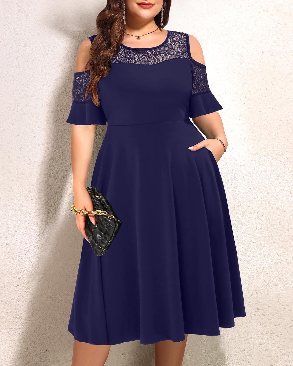 Plus Size Cocktail Dress - Graduation Cold Shoulder Lace Midi Dresses with Pockets - Image 2