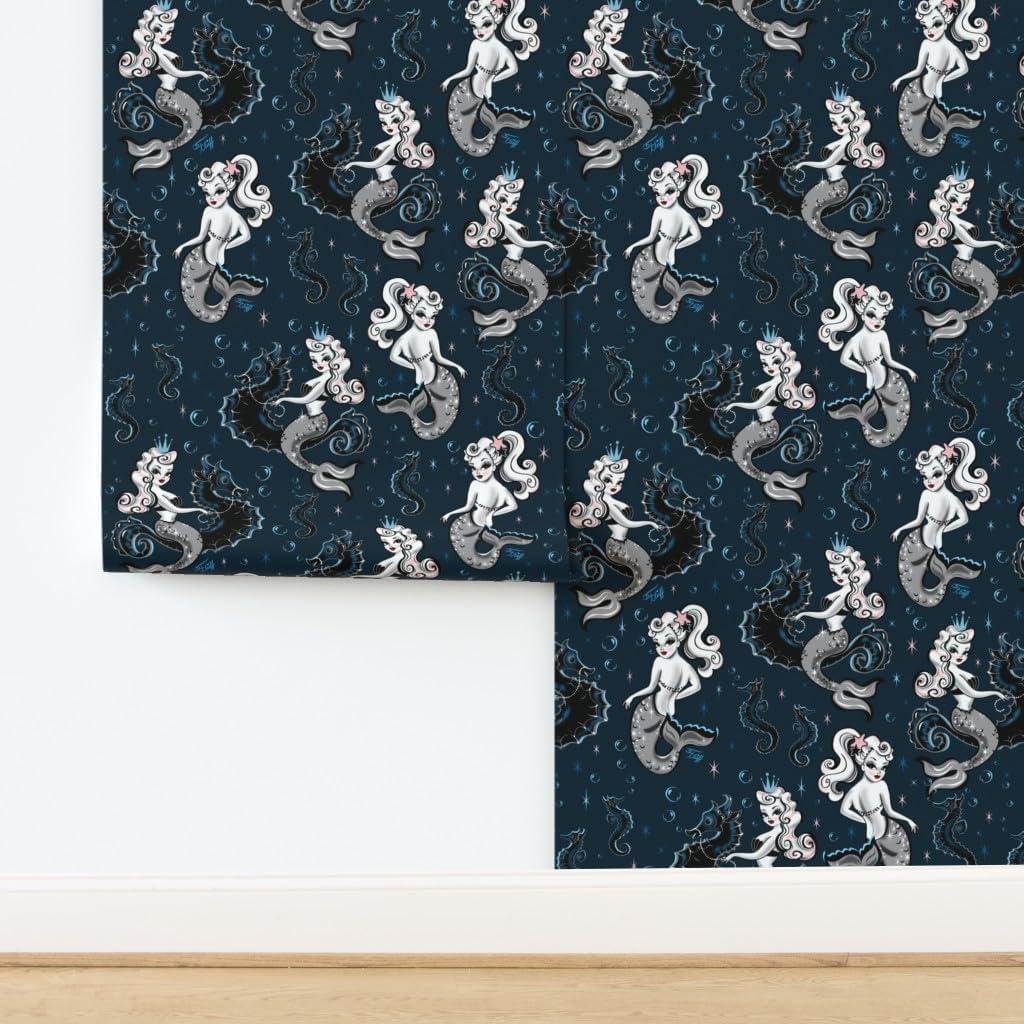 Peel & Stick Wallpaper 3ft x 2ft - Mermaid Medium Mermaids Retro Vintage Seahorse Custom Removable Wallpaper by Spoonflower