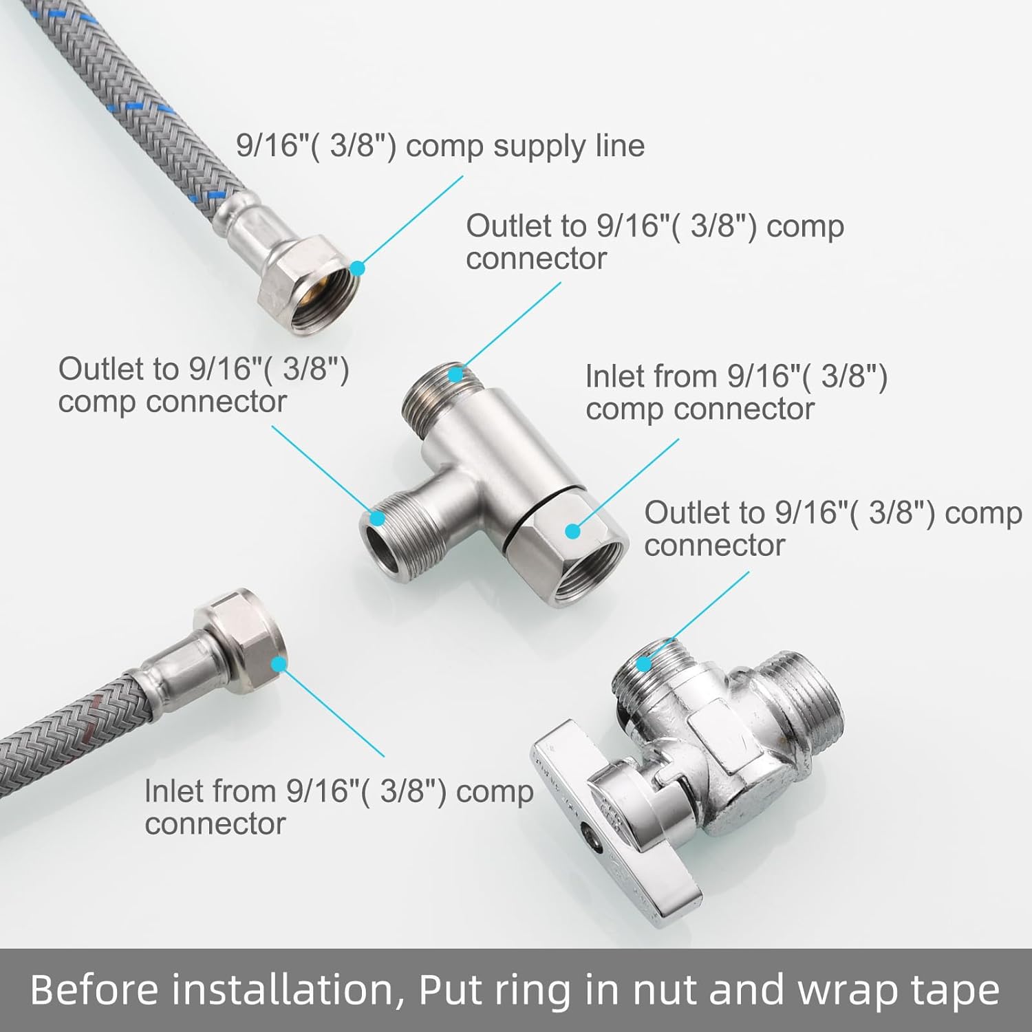 Tecmolog 2 PCS 3/8" Tee Fittings Water Line Splitters Stainless Steel Angle Stop Add-A-Tee Valve Brushed Nickel, SBA020C-2