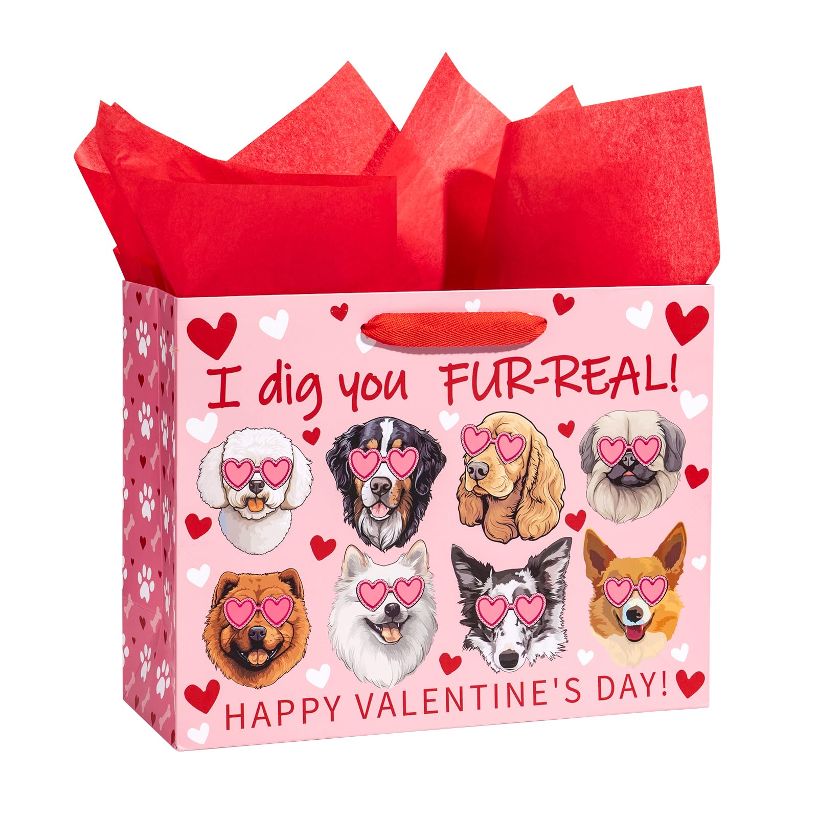 Loveinside 13" Dog Valentine'S Day Large Reusable Gift Bag With Handles - Love Glasses Puppy Gift Bag For Valentine'S Day, Wedding And Anniversary