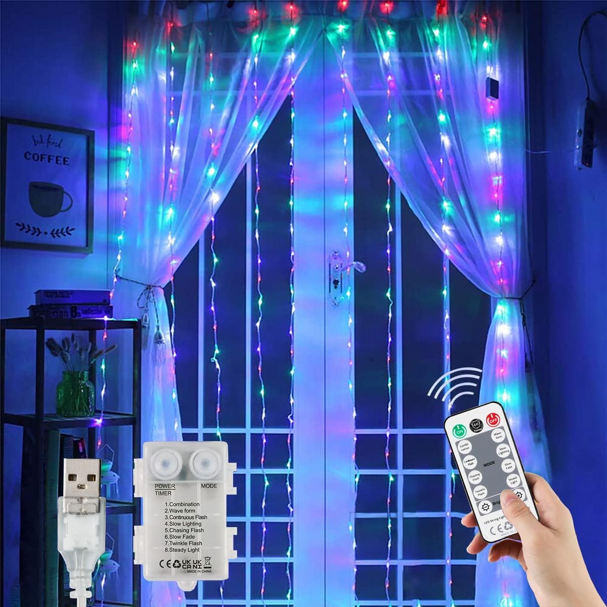 Multi-Color Curtain Lights USB/Battery Powered, 9.8x6.6Ft 200 LED Waterproof Hanging Rainbow Lights with Remote for Bedroom Wall Room Decor